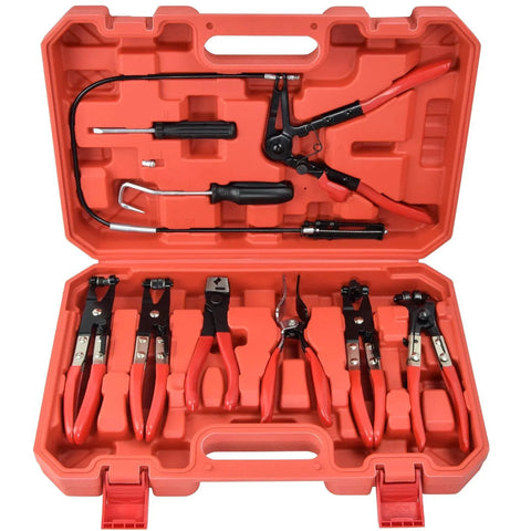 9 Piece Hose Clamp Pliers Set With Flexible Long Reach For Automotive Coolant Radiator Heater And Water Lines Locking Mechanism Carbon Steel With Black Oxide Finish Ergonomic Grip Red Auto Clamp Removal Tool Kit in open red case