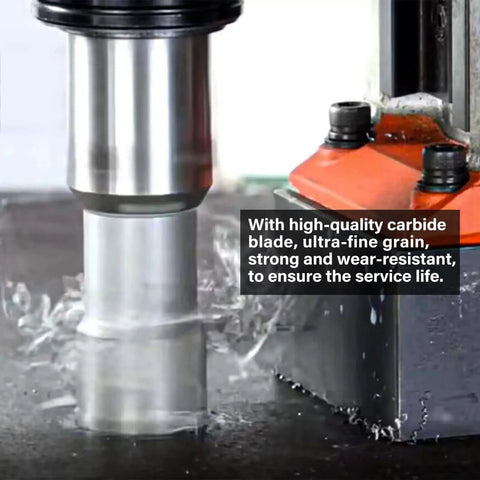 Close-up of Annular Cutter Set For Magnetic Drill Press Pro Grade 13 PC Weldon Shank cutting through metal with coolant spray.