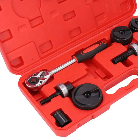 Heavy Duty Knockout Hole Punch Driver Kit with six sizes, manual ratchet tool in red portable box for metal sheet punching clean holes.