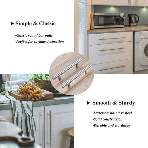 Collage of kitchen showing 25 Pack Solid Stainless Steel Cabinet Pulls Satin Nickel Euro Style T Bar Handles installed.
