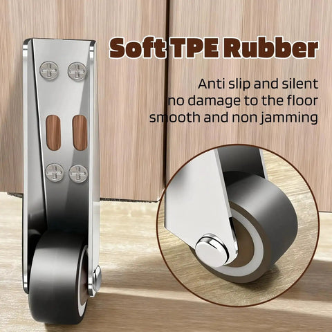 Low Profile Silent Rubber Casters Set For Sagging Door Repair And Furniture, 500 lbs capacity, side mount on wooden door