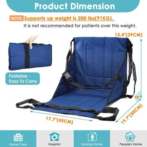 Front view of blue foldable patient transfer mat with four handles for bed-to-chair transfers