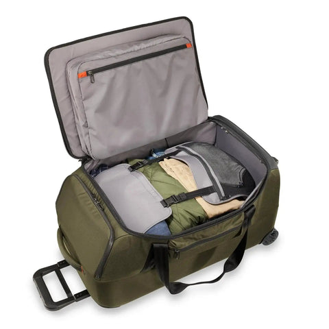 Open Do It All 27 Inch Medium Upright Duffle With Wheels Softside Checked Luggage Hunter ZDX Collection With Clothes Inside