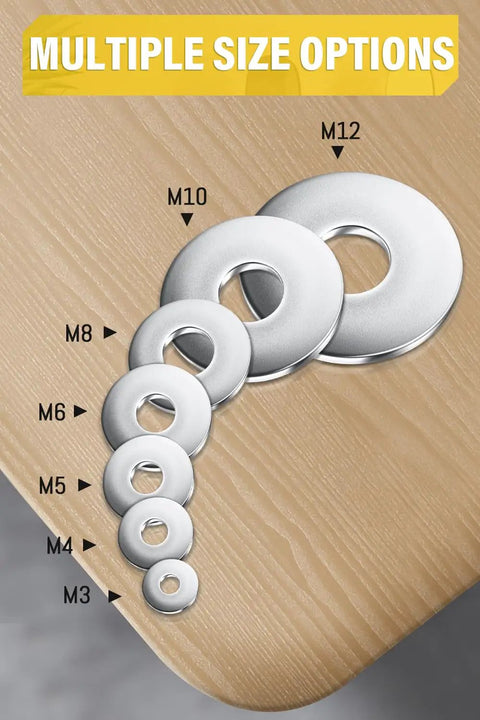 M6 Flat Washers Set 18mm Outer Diameter 1.6mm Thick Stainless Steel 304 A2 Pack Of 20 shown with size comparisons M3 to M12