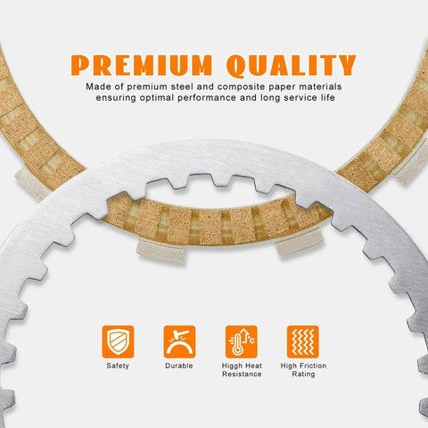 Eumti Twin Cam clutch friction plate kit with steel discs and cork plates, front view
