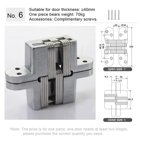 Heavy Duty Residential Hinges 180 Degree Concealed Hinge for Doors With Quiet Smooth Operation Stainless Steel Hidden Invisible Cross Gemel No 6 Hinge Easy Install Screws Included Weather Ready Built Tough for Extreme Conditions stainless steel hinge close-up