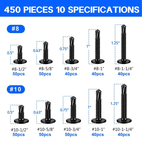 450-piece black self-tapping screws set for metal, sizes #8 and #10, lengths 1/2 to 1-1/4 in, 40-50 pcs per size