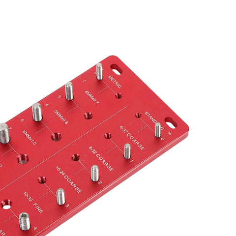 Close-up of the Nut And Bolt Thread Checker Set With 28 Hole Metal Gauge For Metric And Standard Threads in red.