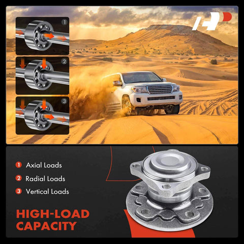 Beefed Up Wheel Bearing And Hub Assembly For Front And Rear Fitment For BMW i3 2014 2019 And Mini Cooper 2016 2017 Cooper Clubman 2016 2019 Front Or Rear FWD Only Replacement Kit With Durable Bearings And Seals on display with high-load capacity illustration and SUV in desert.
