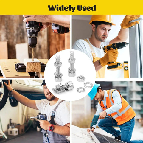Mega M2 Hex Socket Head Cap Screw Set 1260 Pieces Stainless Steel 304 with M2 Bolts, Hex Nuts, Flat and Spring Washers, and Mini Wrench used in various DIY and construction projects.