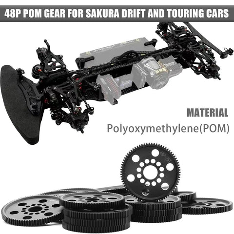 RC car with Ultra Smooth 48P POM Spur Gear Set for quiet, lightweight performance, showing POM material and gear sizes 75T to 81T.