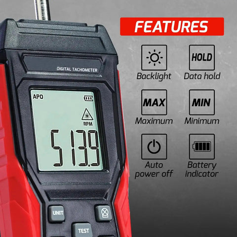 2-In-1 Tachometer With Noncontact Laser And Contact RPM Meter Gauge Tester, LCD display showing RPM, feature icons.
