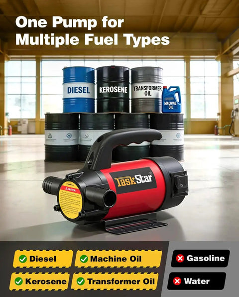 12V 13GPM Diesel Transfer Pump Kit With Electric Fuel Transfer Pump Nozzle And Hoses Self Priming Portable Pump For Tractor Truck Boat Works With Diesel Kerosene Transformer Oil, shown in a warehouse with various fuel types.