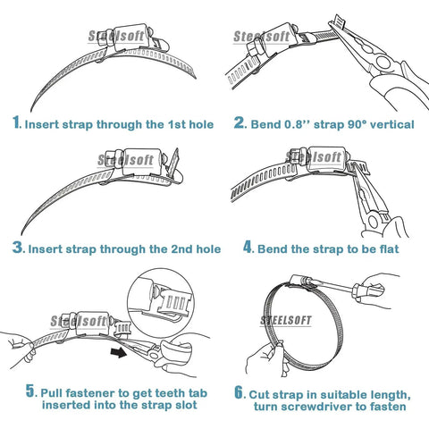 Diagram showing assembly steps for Heavy Duty 304 Stainless Steel Worm Gear Hose Clamp Fasteners Kit For DIY Adjustable Large Hose Clamps 10 Pack