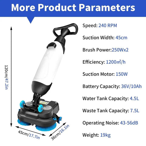 Workhorse 17 Inch Floor Polisher And Carpet Cleaner with dual brush heads and 240 RPM showcased with product specifications.