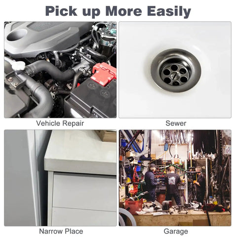 Magnetic Four Claw Grabber Tool With Bendable Hose Reacher And LED Lights Flexible Long Reach Workhorse image showing uses in vehicle repair, sewers, narrow places, and garage.