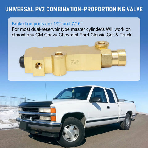 Brass PV2 universal proportioning valve for disc/drum brakes, front view; fits GM/Chevy/Ford classic cars and trucks.