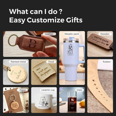 Collage of engraved items including leather keychain, ceramic cup, glass, and more showcasing custom engraving capabilities