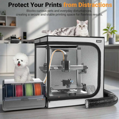 Durable 3D Printer Enclosure With Integrated Ventilation Kit for desktop printers, fireproof cover with pet on top and filament storage.