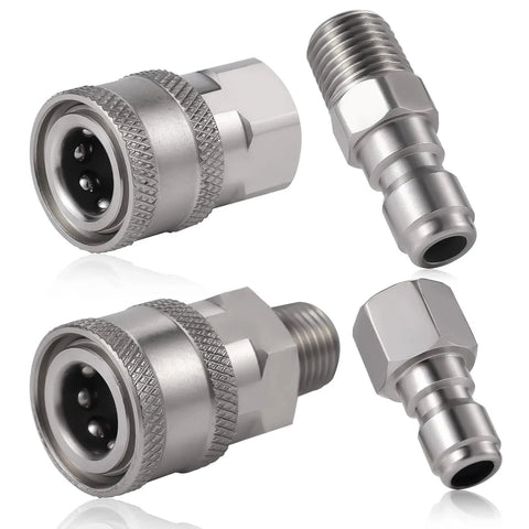 Pressure Washer Quick Connect Couplers Set One Quarter Inch Stainless Steel Fittings Male And Female NPT Compatible Internal And External Thread Built To Last Durable Easy Snap Fit Four Pieces