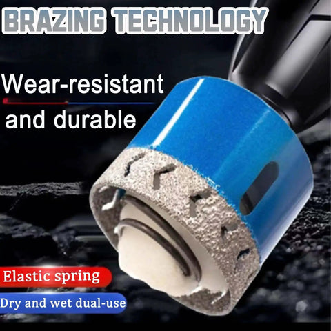 Close-up of Diamond Hole Saw from Diamond Hole Saw Set Ten Pieces One Quarter Inch To Two Inch Diamond Core Drill Bits For Porcelain Tile Ceramic Granite Marble Stone And More With Quick Eject Spring Design And Self Cooling Sponge For Clean Fast Drilling Pro Grade showing brazing technology