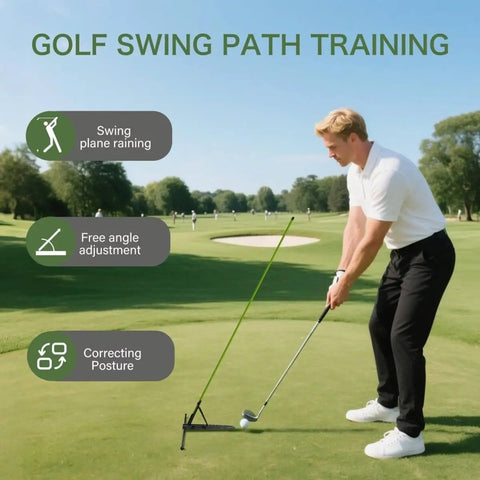 Golfer using Golf Alignment Stick Holder And Training Aid For Aiming, Putting, Full Swing on green field for posture correction.