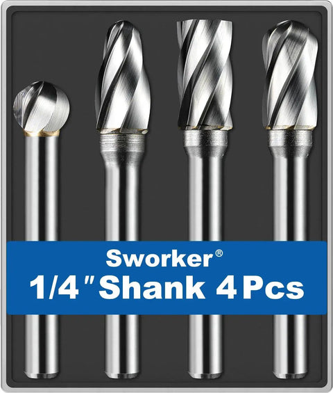 4 Pcs Pro Grade Tungsten Carbide Burr Set With 1 Quarter Inch Shank Wide Flute Aluminum Cut Die Grinder Bits Rotary Tool Attachment Kit For Metal Wood Stone Steel Grinding Deburring Cutting Porting Carving Perfect For Tight Spaces And Precision Shaping