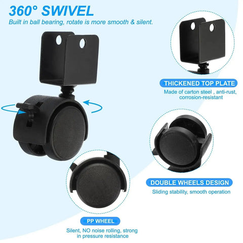 2 Inch Swivel Caster With Brake For Furniture Legs Four Pack 360 Degree Rotation Quiet Wheel U Bracket 1 Inch Inner Width 50mm Diameter Supports Total Load Up To 132 Lbs With 44 Lbs Per Caster showing top plate and wheel details.