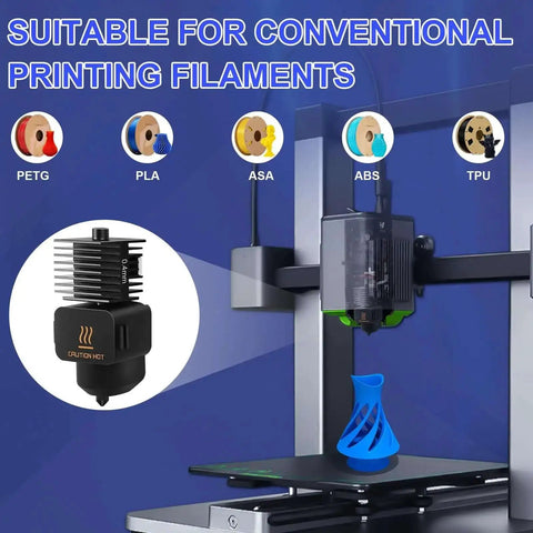 3D printer with 2 Pack Pro Grade Hotend Kit For A1 And A1 Mini, showcasing nozzle with print model, compatible with PETG, PLA, ASA, ABS, TPU