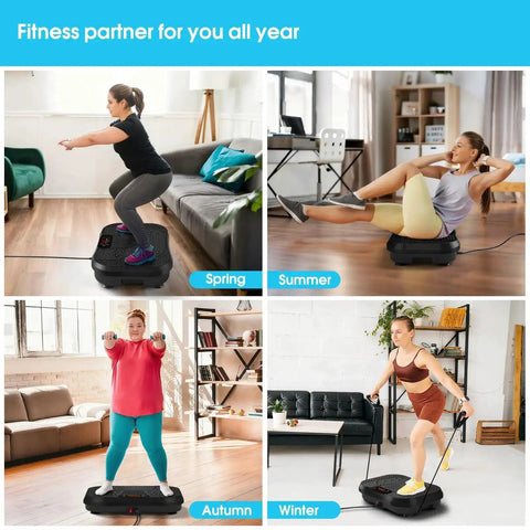 Four images of people using Vibration Plate for Lymphatic Drainage and Full Body Workout with resistance bands in a home setting.