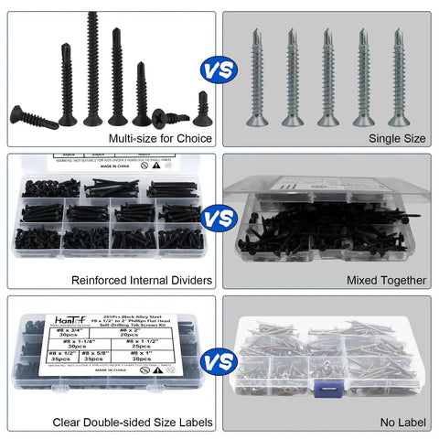 Comparison of 205 Pieces Black Flat Head Self Drilling Screws Set For Metal And Woodworking Phillips Drive Countersunk