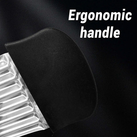 Close-up of a crinkle cutter for veggies and potatoes with stainless steel blade and ergonomic non-slip handle for easy use.