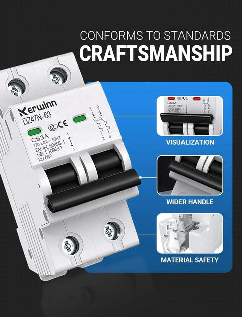 Two Pole 32A AC Miniature Circuit Breaker DIN Rail Mount 120V To 240V 50 60 Hz Flame Retardant Shell With Large Visualization Window