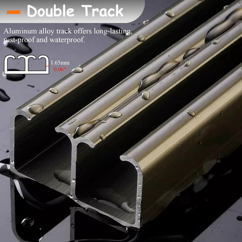 Close-up of Whisper Quiet Double Track Sliding Barn Door Hardware Kit ceiling mount rail with U Shaped Box Rail, champagne finish.