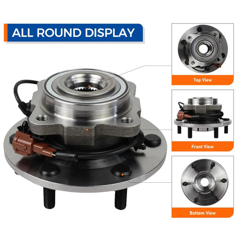 Rear Wheel Hub And Bearing Assembly Easy Install Drop In Fit For 2005 To 2012 Nissan Armada, 2004 Pathfinder Armada, And 2004 To 2010 Infiniti QX56 With ABS Replacement For Smooth Operation And Lasting Durability, front and side view with connectors