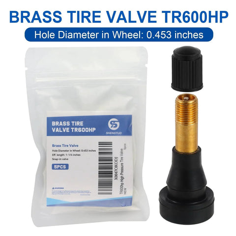 TR600HP Snap-In High Pressure Tire Valve Stems for Tubeless Rims with 0.453 Inch Hole Diameter, 5-Pack Brass and EPDM Seal