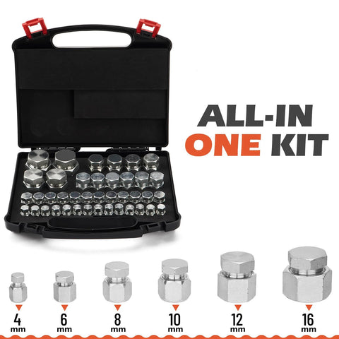 SPARKWHIZ 80pc JIC 37° cap and plug kit with chrome fittings in a black case, sizes 4–16 mm