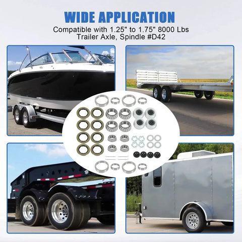 Four Sets 8000 Lb Trailer Axle Bearing Kit For 1.25 To 1.75 Inch D42 Spindle Includes Inner Bearing 25580 1.75 In ID Outer Bearing 02475 1.25 In ID Inner Race 25520 3.265 In OD Outer Race 02420 And Double Lip Grease Seals For Heavy Duty 8000 Lb Axles, shown with boat trailer applications.