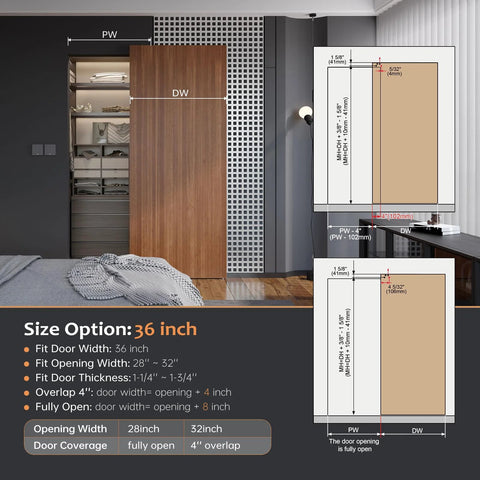 Diagram of 36 Inch Concealed Sliding Barn Door Hardware Kit With Soft Close Aluminum Track Invisible Floor Guide Wall Mount System for 28 Inch Opening