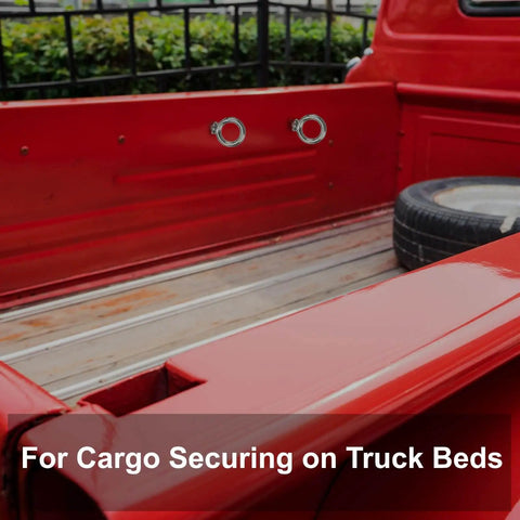 Truck bed showing two installed lifting eye bolts from the Six Pack 1/4-20 UNC Lifting Eye Bolts Set, 316 Stainless Marine Grade.