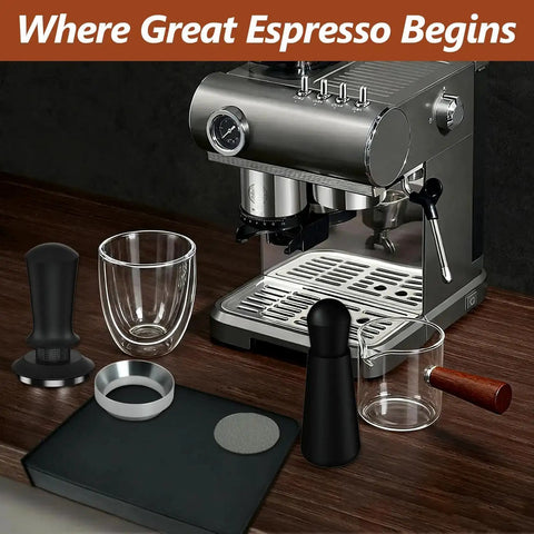 7 Piece 51mm Espresso Accessories Kit With Spring Loaded Calibrated Tamper WDT Tool Dosing Funnel 75ml Dosing Cup Double Walled Espresso Cup Puck Screen Mat Barista Grade Gear displayed with espresso machine
