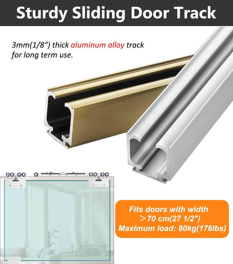 Dual Soft-Close Frameless Glass Sliding Door Track System with wall mount, aluminum alloy, fits doors >70cm, holds 80kg, black finish