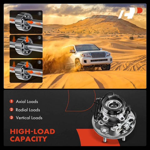 Front Right Wheel Bearing And Hub Assembly With ABS For Chevrolet Colorado 2004 2008 And GMC Canyon 2004 2008 Plus Isuzu i 350 2006 And i 370 2007 2008 4WD 6 Lug Compatible displayed with desert driving scene and load capacity details.