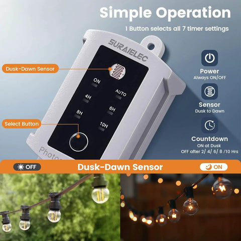 Dusk To Dawn Outdoor Timer Switch With Photocell Sensor, 15 Amp 120V shown with control buttons and outdoor light setup