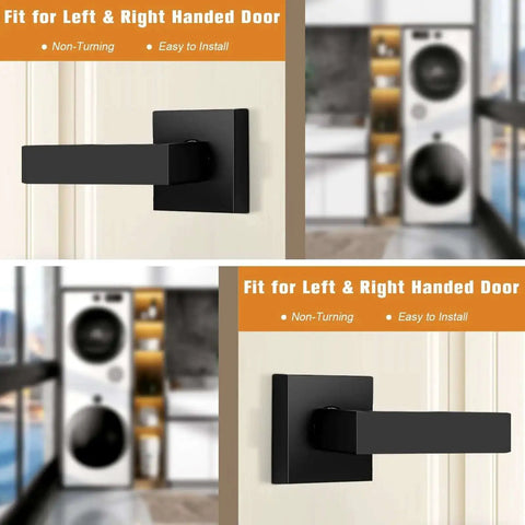 Matte Black Dummy Door Levers Interior Handles for Closets and Pantry Doors, Heavy Duty Non Turning Reversible Levers for Left or Right Handed Doors, 10 Pack Contractor Pack installed on a white door with a laundry room in the background.