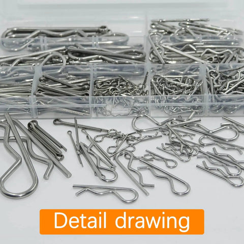 313 Piece Stainless Steel Cotter Pin Set With 13 Sizes Including Hairpin Pins and R Clips displayed in a plastic case