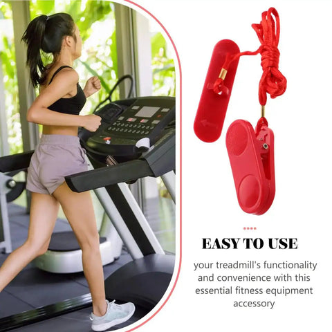 Woman running on a treadmill with Replacement Treadmill Safety Key And Emergency Stop Clip For Treadmills shown in red.