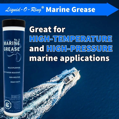 Multi Purpose Marine Grease For Boat Trailers U Joints And Lower Units NLGI Grade 2 Saltwater Resistant High Temperature Heavy Duty Performance Made In The USA 14 Oz Cartridge with image of a boat on water.