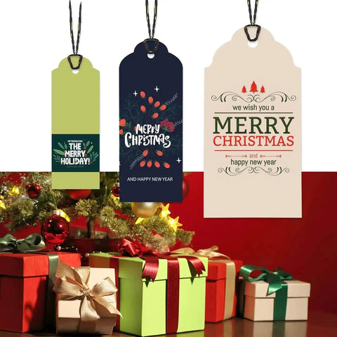 3 In 1 Gift Tag Punch Set with 1.5 inch, 2 inch, and 2.5 inch round hole punches, decorative Christmas tags displayed on gifts.