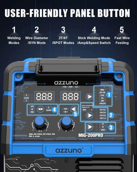 Control panel of 8 In 1 All In One Multiprocess MIG Welder For Home Shops 110V And 220V Dual Voltage With Aluminum MIG Spool Gun Ready